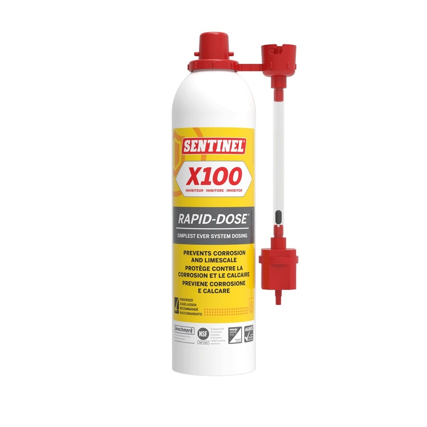 Immagine di Sentinel X100 Inibitore per impianti nuovi, aggiunto all’acqua del primo riempimento, previene incrostazioni e corrosione, Contenitore pressurizzato da 300 ml X100RD-12X300ML-EXP