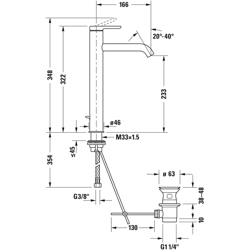Immagine di Duravit C.1 miscelatore monocomando, a leva, taglia XL, con scarico e saltarello, colore nero finitura opaco C11040001046