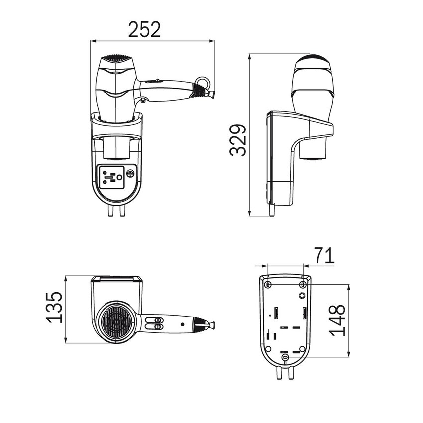 Immagine di Inda HOTELLERIE asciugacapelli con termostato di sicurezza, finitura silver e nero AV054YSN