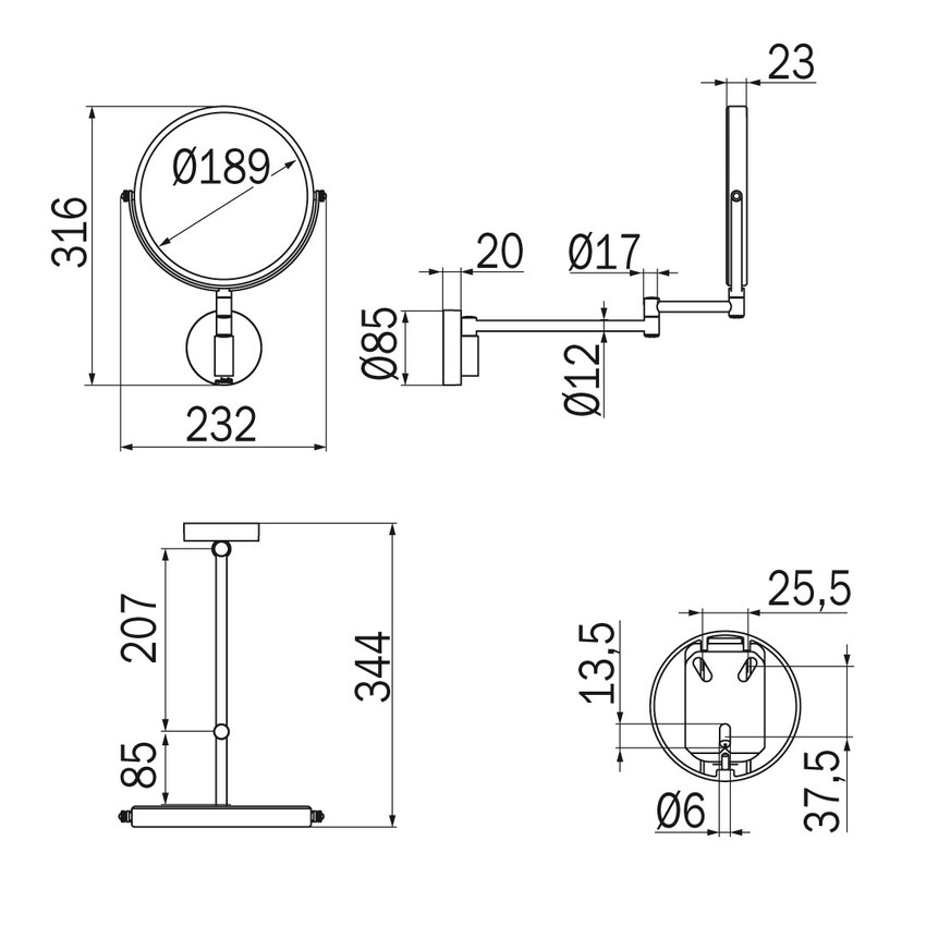 Immagine di Inda MY MIRROR specchio ingranditore a parete, con doppio braccio snodato, bifacciale, pivottante, diametro parabola 18 cm, finitura cromo AV058CCR
