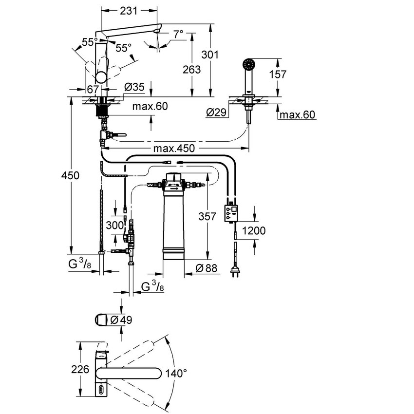 Grohe 409796045 BLUE miscelatore bocca a C con doccetta estraibile per  lavello finitura cromo (ricambio)