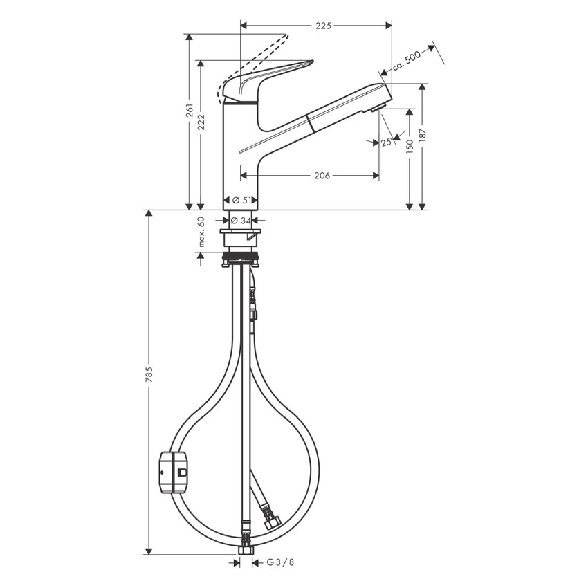 Immagine di Hansgrohe M42 miscelatore cucina monocomando 150, bocca d’erogazione estraibile, 1 jet, finitura cromo 71814000