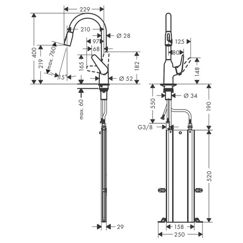 Immagine di Hansgrohe M42 miscelatore cucina monocomando 220, doccetta estraibile, 2 jet, sBox, finitura cromo 71820000