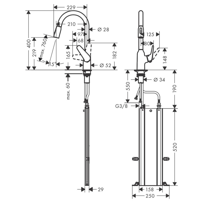 Immagine di Hansgrohe M42 miscelatore cucina monocomando 220, doccetta estraibile, 2 jet, sBox, finitura cromo 71820000