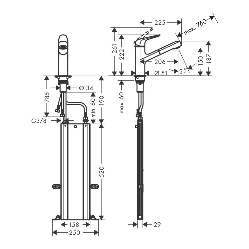 Immagine di Hansgrohe M42 miscelatore cucina monocomando 150, bocca d’erogazione estraibile, 1 jet, sBox, finitura cromo 71829000