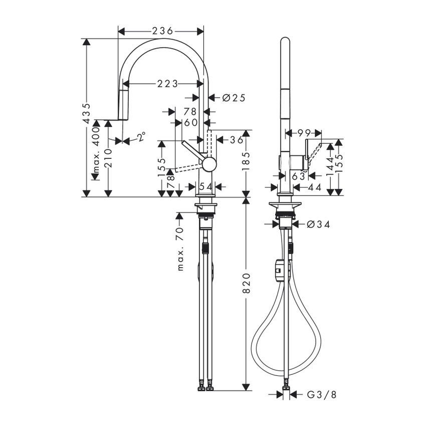 Immagine di Hansgrohe M54 miscelatore cucina monocomando 210, bocca d’erogazione estraibile, 1 jet, finitura cromo 72802000