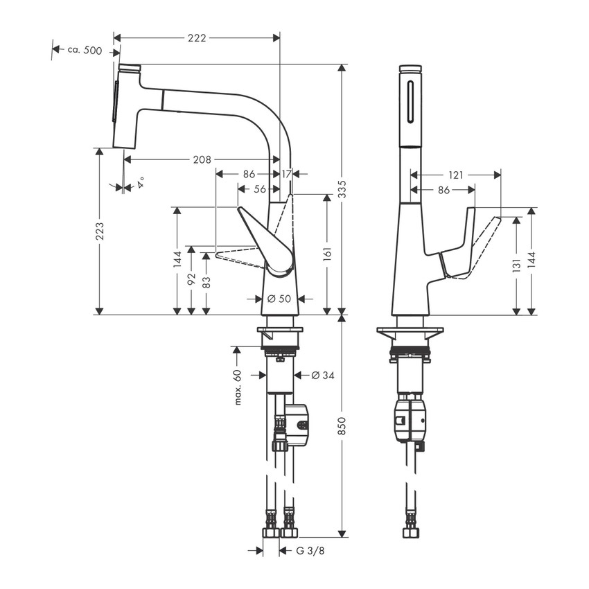 Immagine di Hansgrohe M51 miscelatore monocomando da cucina 220, bocca estraibile, 2 jet, finitura cromo 72824000
