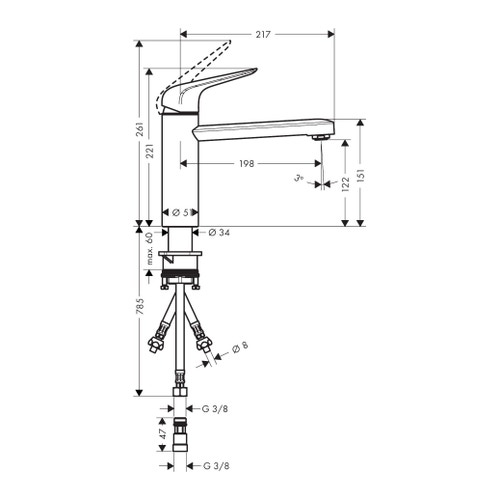 Immagine di Hansgrohe M42 miscelatore cucina monocomando 120, a bassa pressione, 1 jet, finitura cromo 71804000