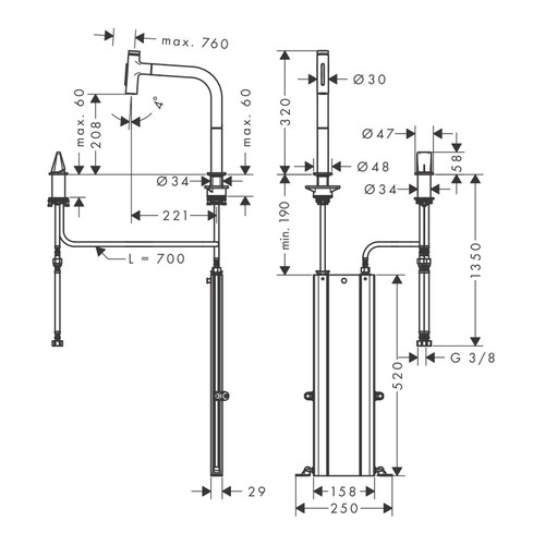 Immagine di Hansgrohe M71 rubinetteria cucina 2 fori 200, doccetta estraibile, 2 jet, sBox, finitura cromo 73818000