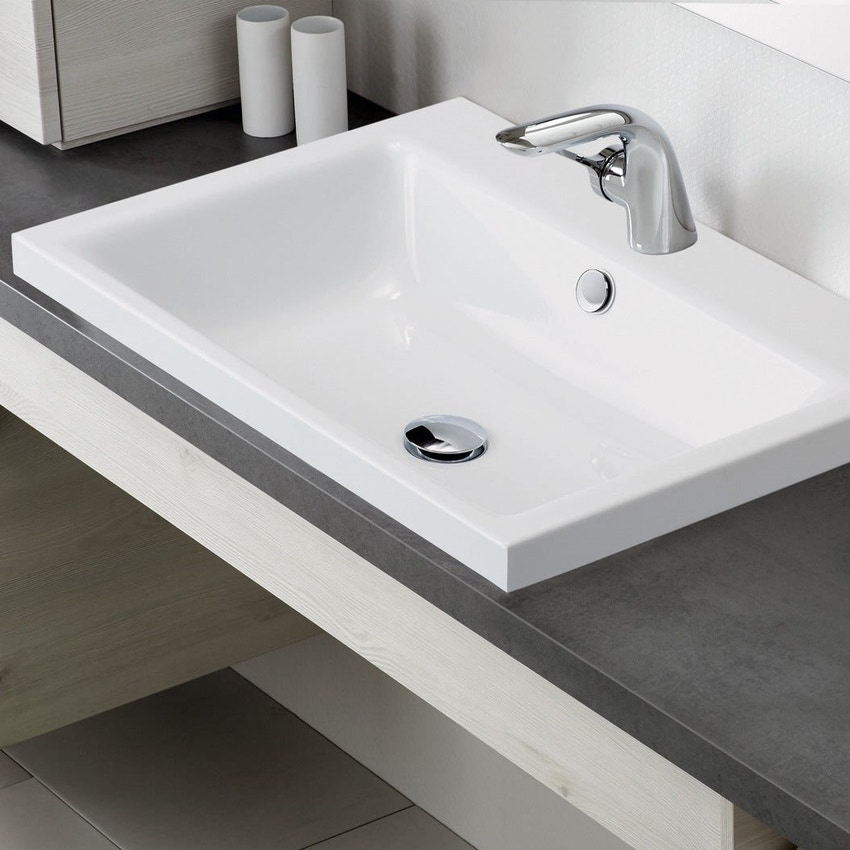 Immagine di Kaldewei PURO lavabo da appoggio L.60 P.46 cm, altezza bordo 4 cm, monoforo, con troppopieno, colore bianco alpino 900406013001