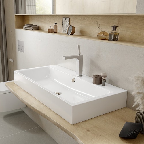 Immagine di Kaldewei PURO lavabo da appoggio L.90 P.46 cm, altezza del bordo 12 cm, monoforo, con troppopieno, colore bianco alpino 900806013001