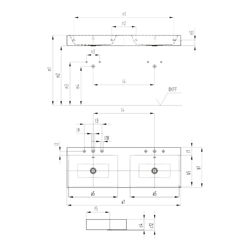 Immagine di Kaldewei PURO DOPPIO lavabo da parete L.130 P.46 cm, 2 fori singoli, con doppio troppopieno, colore bianco alpino 906706043001