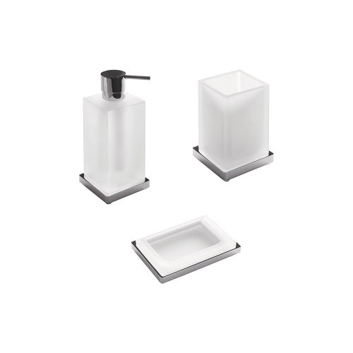 Immagine di Colombo Design LOOK set d'appoggio con portasapone, dispenser sapone e porta bicchiere, finitura cromo SETLO001