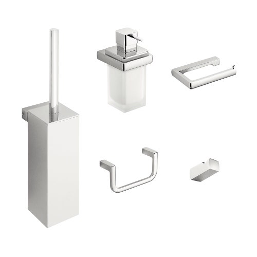 Immagine di Colombo Design LULÙ set a muro con portascopino, porta rotolo, appenditutto, dispenser sapone e porta salviette, finitura cromo SETLU002
