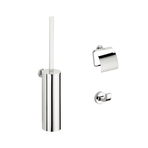 Immagine di Colombo Design NORDIC set a muro con portascopino, porta rotolo coperto e appenditutto, finitura cromo SETNO001