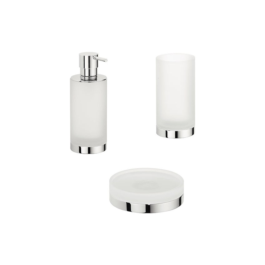 Immagine di Colombo Design NORDIC set da appoggio con dispenser sapone, porta sapone e bicchiere, finitura cromo SETNO004