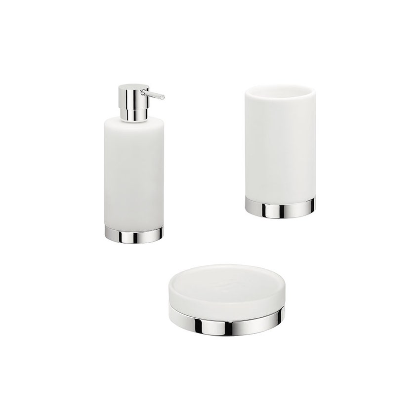 Immagine di Colombo Design NORDIC set da appoggio con dispenser sapone, porta sapone e bicchiere, finitura cromo e bianco opaco SETNO005