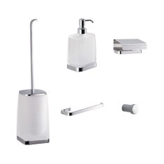 Immagine di Colombo Design TIME set a muro con porta scopino, porta rotolo coperto, appenditutto, porta salviette reversibile e dispenser sapone, finitura cromo SETTI002