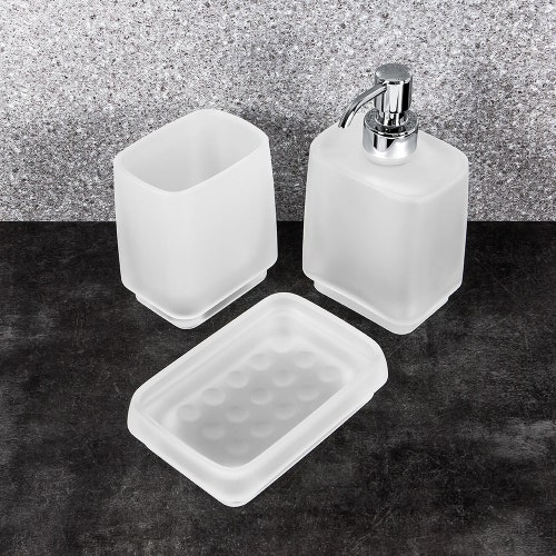 Immagine di Colombo Design TIME set da appoggio con dispenser sapone, porta sapone e bicchiere, finitura cromo SETTI005