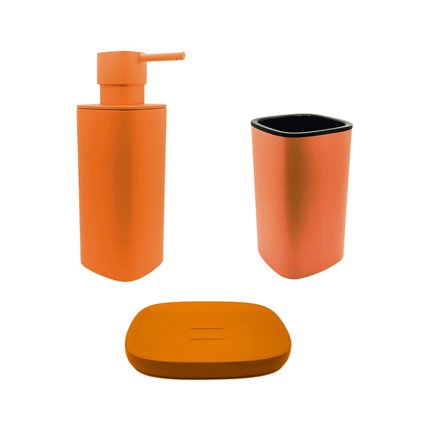 Immagine di Colombo Design TRENTA MOOD set d'appoggio con portasapone, dispenser sapone e porta bicchiere, colore sunset orange SETRM001