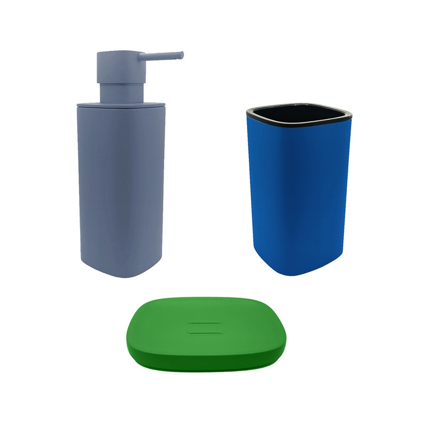 Immagine di Colombo Design TRENTA MOOD set d'appoggio con portasapone colore lime green, dispenser sapone colore ocean blue e porta bicchiere colore capri blue SETRM009