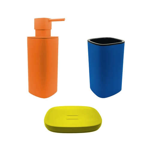 Immagine di Colombo Design TRENTA MOOD set d'appoggio con portasapone colore lemon yellow, dispenser sapone colore sunset orange e porta bicchiere colore capri blue SETRM010