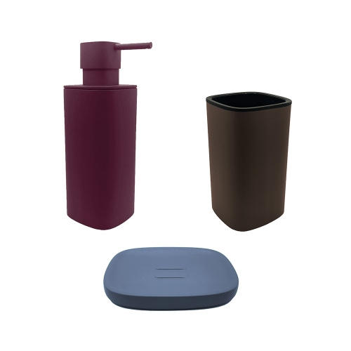 Immagine di Colombo Design TRENTA MOOD set d'appoggio con portasapone colore ocean blue, dispenser sapone colore claret violet e porta bicchiere colore bronze anodic brown SETRM011