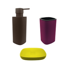 Immagine di Colombo Design TRENTA MOOD set d'appoggio con portasapone colore lemon yellow, dispenser sapone colore bronze anodic brown e porta bicchiere colore claret violet SETRM012