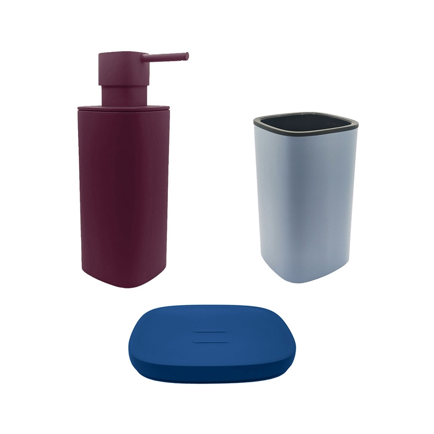 Immagine di Colombo Design TRENTA MOOD set d'appoggio con portasapone colore capri blue, dispenser sapone colore claret violet e porta bicchiere colore ocean blue SETRM013