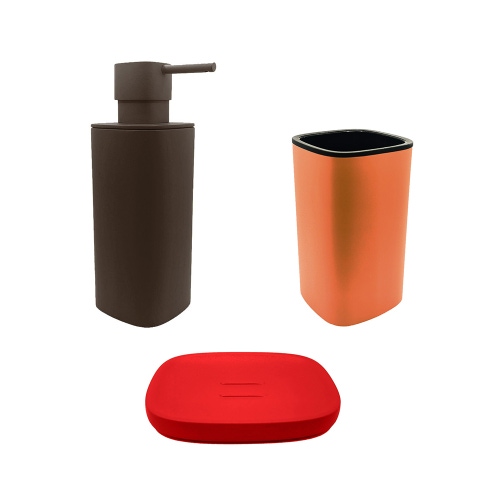 Immagine di Colombo Design TRENTA MOOD set d'appoggio con portasapone colore strawberry red, dispenser sapone colore bronze anodic brown e porta bicchiere colore sunset orange SETRM014