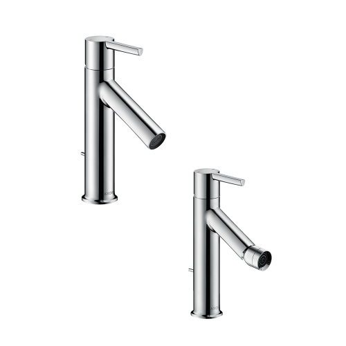 Immagine di Axor STARCK set rubinetteria con miscelatore lavabo H.21 cm con scarico e miscelatore bidet con scarico, finitura cromo SETSTA001