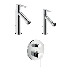 Immagine di Axor STARCK set rubinetteria con miscelatore lavabo con scarico, miscelatore bidet con scarico e miscelatore monocomando vasca ad incasso e corpo incasso, finitura cromo SETSTA004