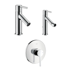 Immagine di Axor STARCK set rubinetteria con miscelatore lavabo con scarico, miscelatore bidet con scarico e miscelatore monocomando doccia ad incasso e corpo incasso, finitura cromo SETSTA005