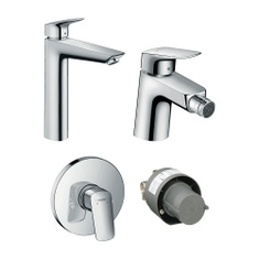 Immagine di Hansgrohe LOGIS set rubinetteria con miscelatore lavabo con scarico, miscelatore bidet con scarico, miscelatore monocomando doccia ad incasso e corpo incasso incluso, finitura cromo SETLOG003