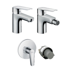 Immagine di Hansgrohe LOGIS E set rubinetteria con miscelatore lavabo con scarico, miscelatore bidet con scarico e miscelatore doccia ad incasso, copro incasso incluso, finitura cromo SETLOGE002