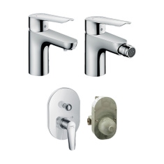 Immagine di Hansgrohe LOGIS E set rubinetteria con miscelatore lavabo con scarico, miscelatore bidet con scarico e miscelatore vasca ad incasso, corpo incasso incluso, finitura cromo SETLOGE003