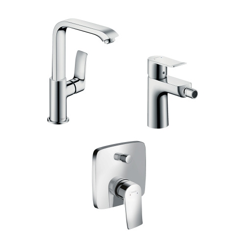 Immagine di Hansgrohe METRIS set rubinetteria con miscelatore lavabo con scarico, miscelatore bidet con scarico, miscelatore monocomando vasca ad incasso e corpo incasso, finitura cromo SETME002