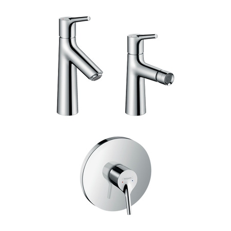 Immagine di Hansgrohe TALIS S set rubinetteria con miscelatore lavabo con scarico, miscelatore bidet con scarico, miscelatore monocomando doccia e corpo incasso, finitura cromo SETTAL003