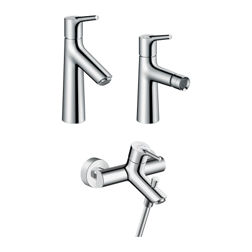 Immagine di Hansgrohe TALIS S set rubinetteria con miscelatore lavabo con scarico, miscelatore bidet con scarico e miscelatore monocomando esterno vasca, finitura cromo SETTAL004