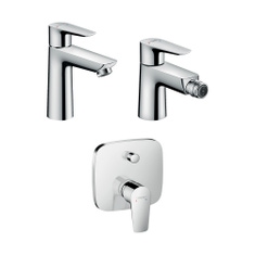 Immagine di Hansgrohe TALIS E set rubinetteria con miscelatore lavabo con scarico, miscelatore bidet con scarico, miscelatore monocomando vasca ad incasso e corpo incasso, finitura cromo SETALE005