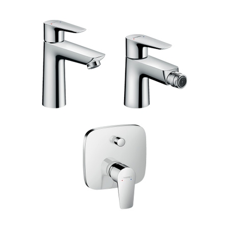 Immagine di Hansgrohe TALIS E set rubinetteria con miscelatore lavabo con scarico, miscelatore bidet con scarico, miscelatore monocomando vasca ad incasso e corpo incasso, finitura cromo SETALE005