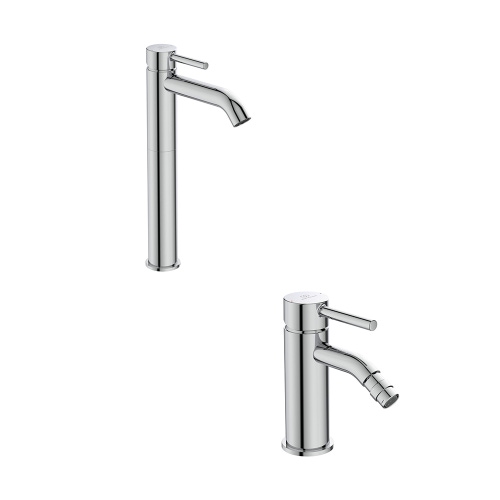 Immagine di Ideal Standard CERALINE set rubinetteria con miscelatore lavabo da appoggio su piano con scarico e miscelatore bidet con scarico, finitura cromo SETCE001