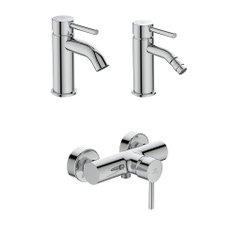 Immagine di Ideal Standard CERALINE set rubinetteria con miscelatore lavabo con scarico, miscelatore bidet con scarico e miscelatore monocomando esterno doccia, finitura cromo SETCE003