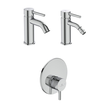 Immagine di Ideal Standard CERALINE set rubinetteria con miscelatore lavabo con scarico, miscelatore bidet con scarico, miscelatore monocomando doccia e corpo incasso incluso, finitura cromo SETCE004