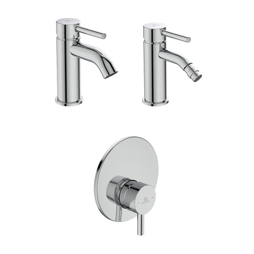 Immagine di Ideal Standard CERALINE set rubinetteria con miscelatore lavabo con scarico, miscelatore bidet con scarico, miscelatore monocomando doccia e corpo incasso incluso, finitura cromo SETCE004