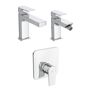 Immagine di Ideal Standard EDGE set rubinetteria con miscelatore lavabo senza scarico, miscelatore bidet con scarico, miscelatore monocomando ad incasso doccia e corpo incasso, finitura cromo SETED004