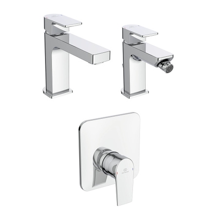 Immagine di Ideal Standard EDGE set rubinetteria con miscelatore lavabo senza scarico, miscelatore bidet con scarico, miscelatore monocomando ad incasso doccia e corpo incasso, finitura cromo SETED004