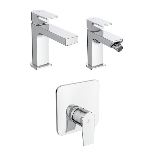 Immagine di Ideal Standard EDGE set rubinetteria con miscelatore lavabo senza scarico, miscelatore bidet con scarico, miscelatore monocomando ad incasso doccia e corpo incasso, finitura cromo SETED004