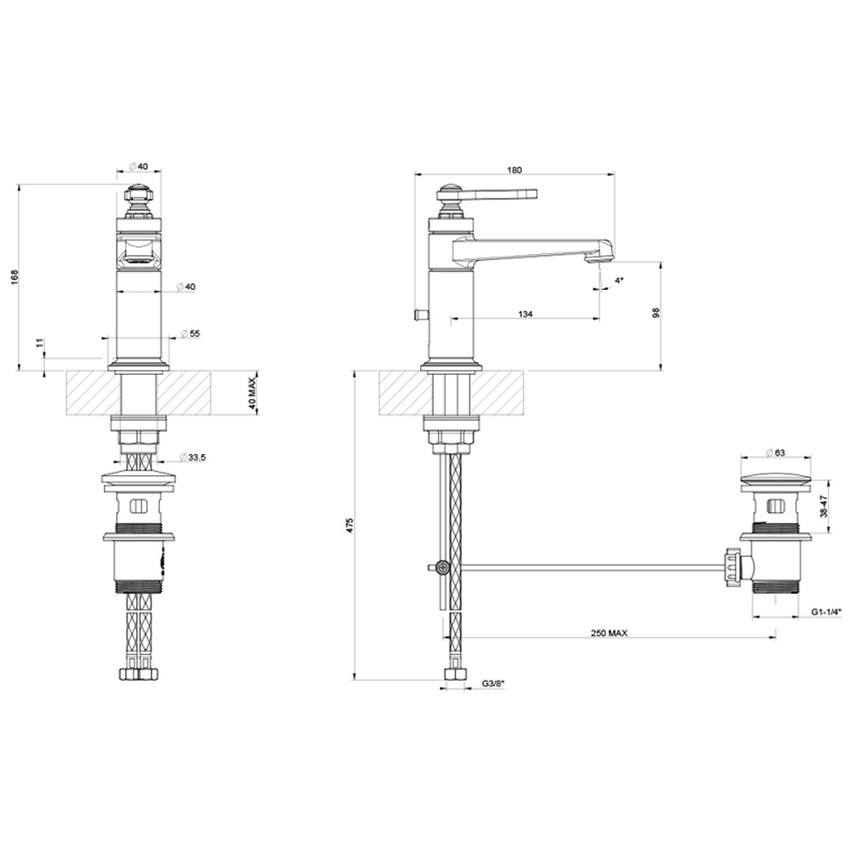 Immagine di Gessi VENTI20 miscelatore lavabo H.17 cm, con scarico e flessibili di collegamento, finitura nickel PVD 65001#720