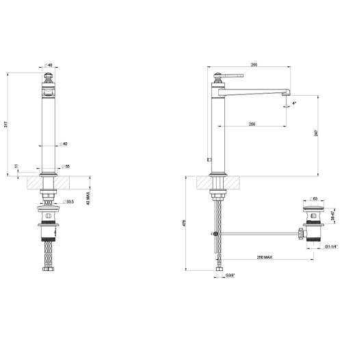 Immagine di Gessi VENTI20 miscelatore lavabo H.32 cm, con scarico e flessibili di collegamento, finitura nickel PVD 65003#720